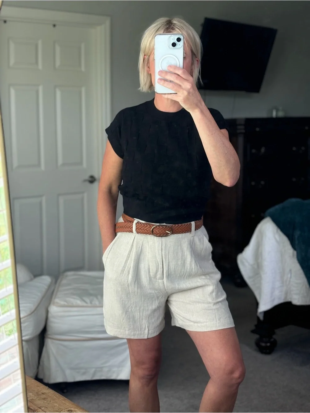 Beige High Rise Wide Leg Cotton Blend Casual Shorts - Picture 1 of 5